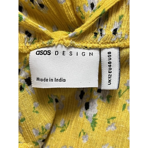 ASOS DESIGN Mini Dress Womens 8 Yellow Floral Deep V Smocked Sundress Ruffle - Picture 2 of 11